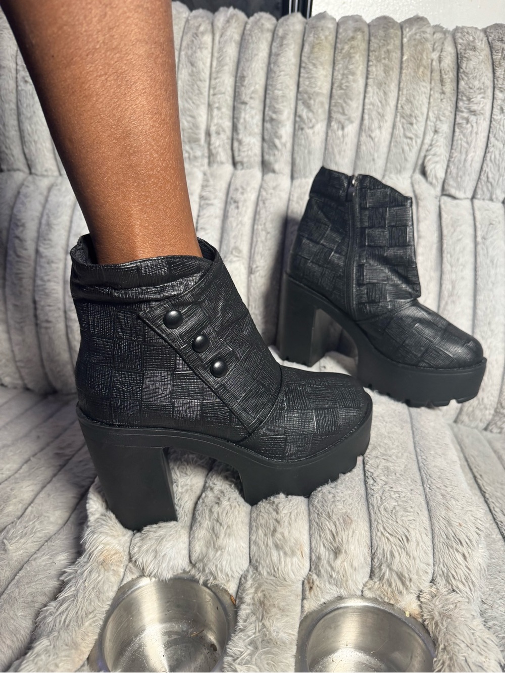 Women's Black Textured Platform Ankle Boots